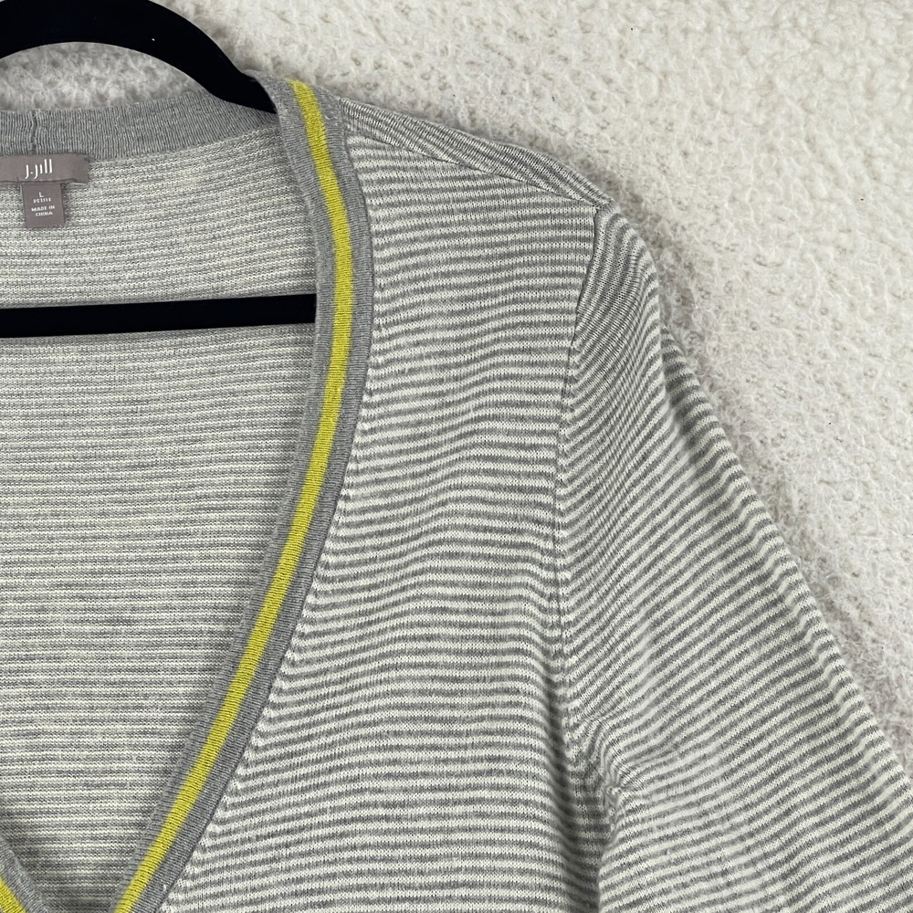 J. Jill Cardigan Sweater Womens Large Petite Gray‎ White Stripe Long Sleeve Knit - Picture 4 of 13